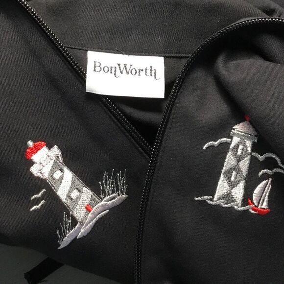 Black jacket with embroidered lighthouses drawstring waist zipper front size L - Picture 8 of 9